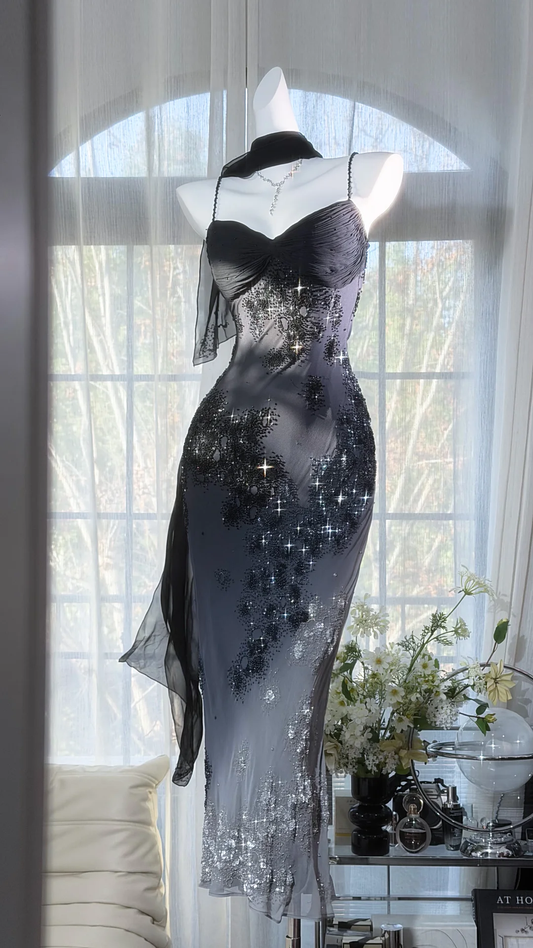 Sexy Black Sheath Floral Beaded Chiffon Long Prom Dress Graduation Prom Dress SH5349