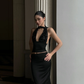 Sexy Two Piece Sheath Halter Black Sequin Satin Prom Dress Evening Dress Formal Gown SH3930