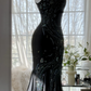 Gorgeous Mermaid Spaghetti Strap Beaded Black Chiffon Party Dress Evening Dress SH2961