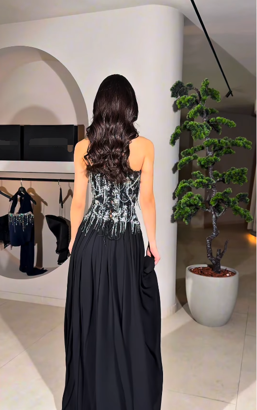 Stunning Beading A Line Strapless Black Satin Long Prom Dress Evening Dress SH6747