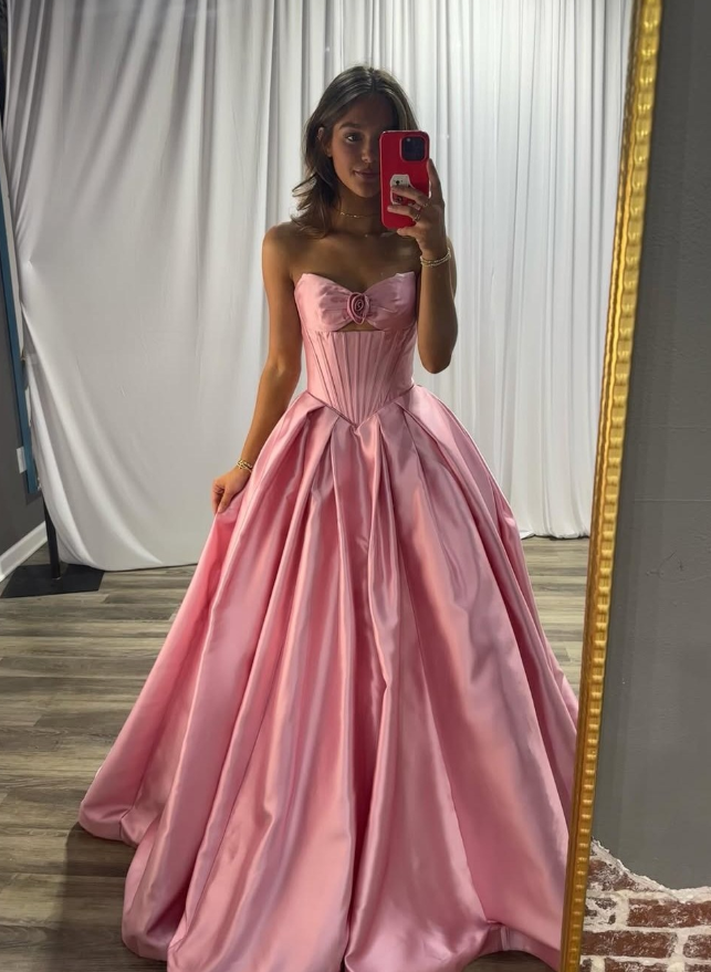 Pink Princess A Line Sweetheart Neck Satin Long Prom Dress Evening Dress SH6059