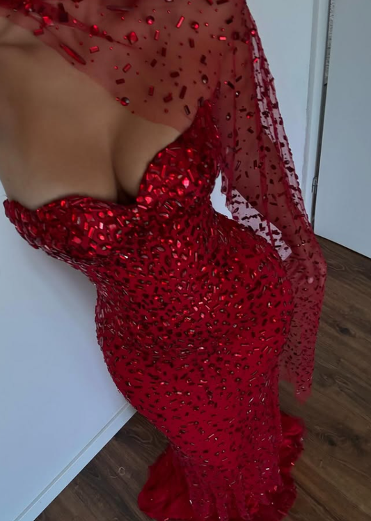 Sexy Red Sheath Strapless Beaded Tulle Prom Dress SH4567