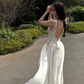 Elegant A Line Straps White Lace Satin Backless Long Prom Dress Evening Dress SH8796