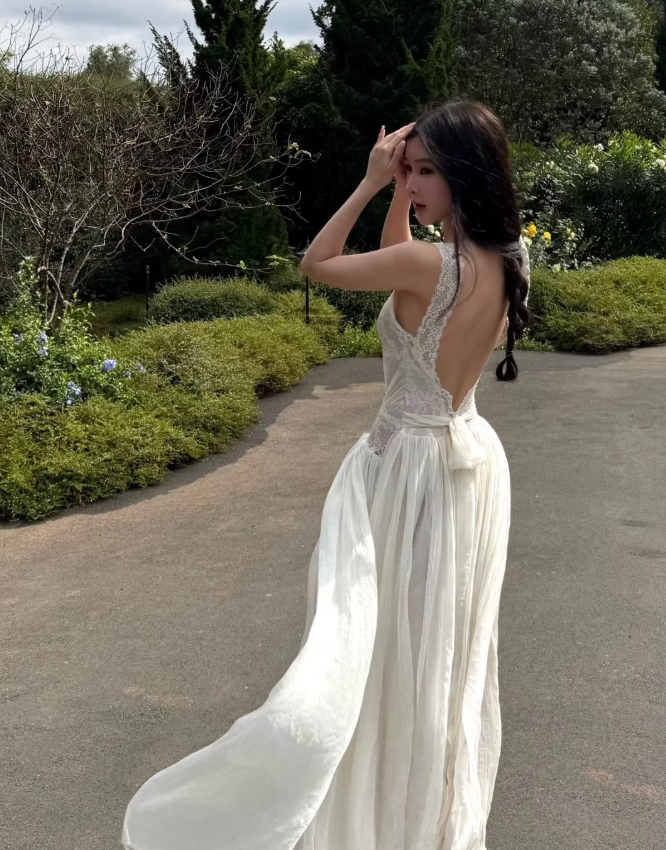 Elegant A Line Straps White Lace Satin Backless Long Prom Dress Evening Dress SH8796