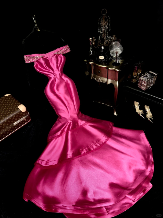 Hot Pink Mermaid Off the Shoulder Beaded Satin Long Prom Dress Party Dress SH3065