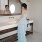 Baby Blue Sheath Strapless Layered Lace Tulle Prom Dress Evening Dress SH3112