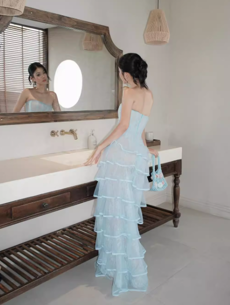 Baby Blue Sheath Strapless Layered Lace Tulle Prom Dress Evening Dress SH3112