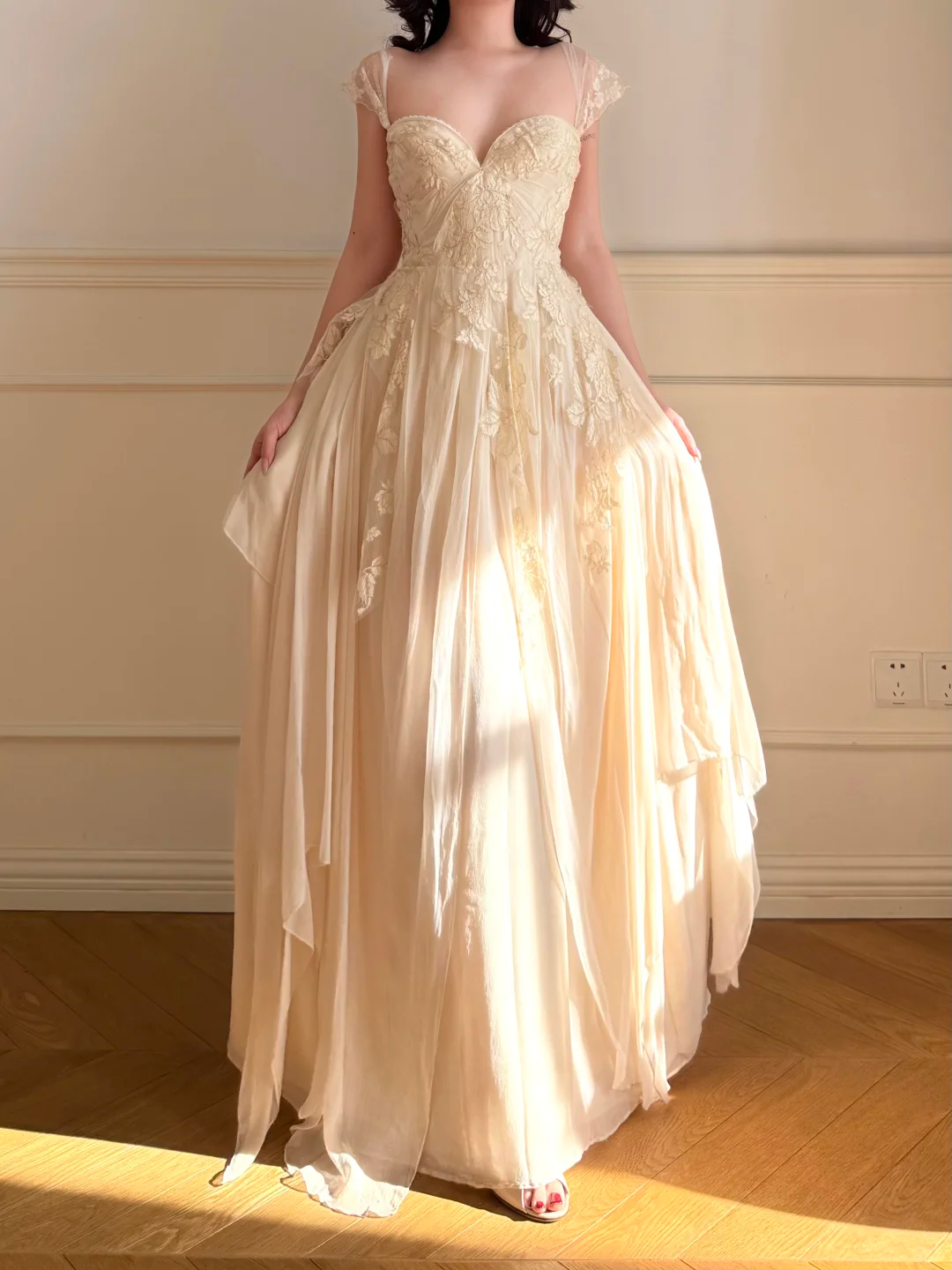 Vintage Sweety A Line Straps Apricot Lace Chiffon Wedding Guest Dress Prom Dress SH5441