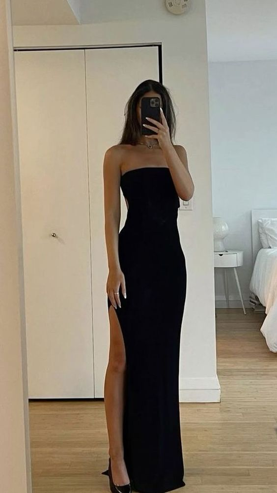 Sexy Black Mermaid Strapless High Slit Prom Dress Birthday Outfits Party Dress SH1542