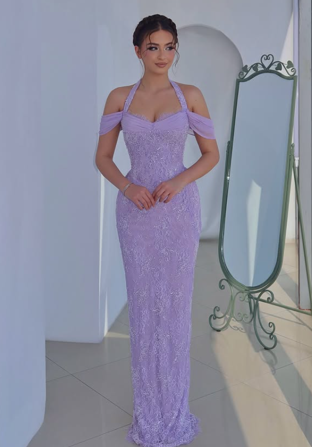 Lilac Sheath Halter Lace Long Prom Dress Evening Dress SH6347