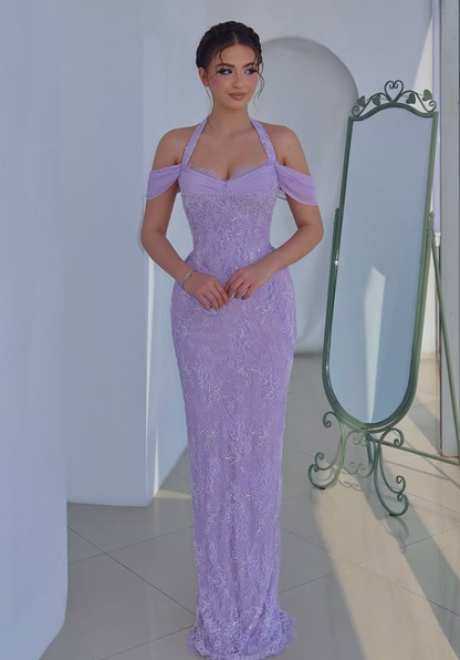 Lilac Sheath Halter Lace Long Prom Dress Evening Dress SH6347