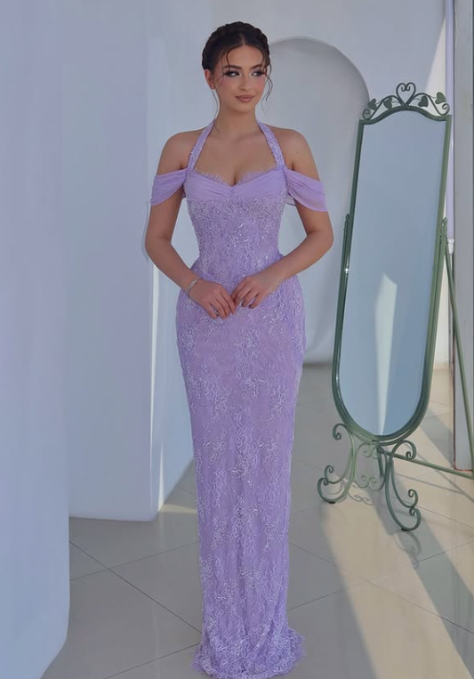 Lilac Sheath Halter Lace Long Prom Dress Evening Dress SH6347