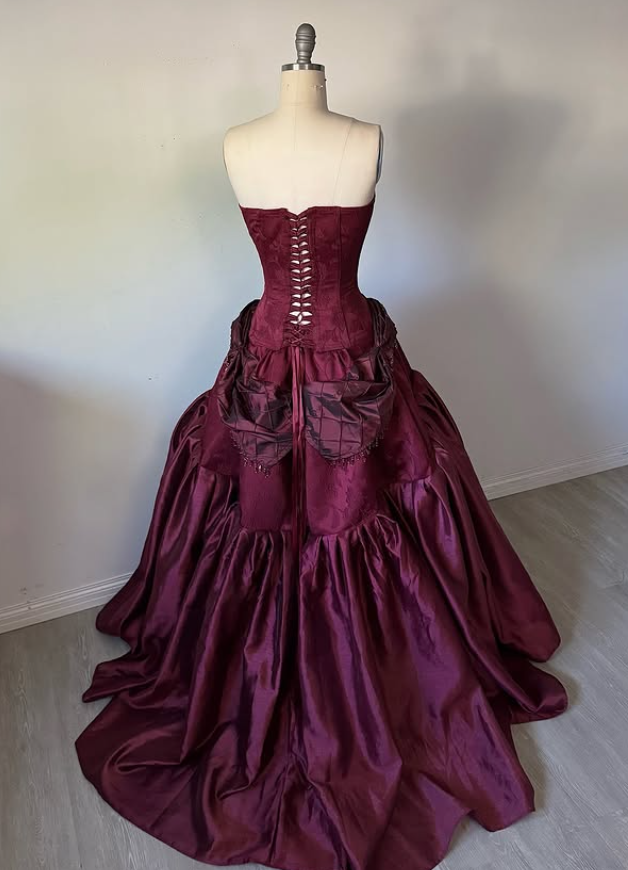 Vintage Burgundy Strapless Beaded Satin Long Prom Dress Party Dress SH5532