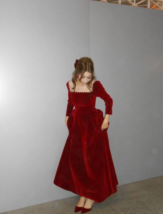 Red A Line Long Sleeve Pearl Velvet Long Prom Dress Formal Dress Party Dress SH3874