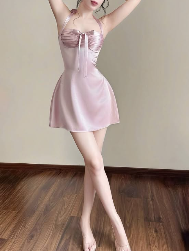 Sexy Pink A Line Halter Satin Short Open Back Homecoming Dress SH4787