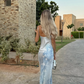 Elegant Blue Print Floral Mermaid Spaghetti Strap Satin Long Party Dress Cocktail Dress SH3592