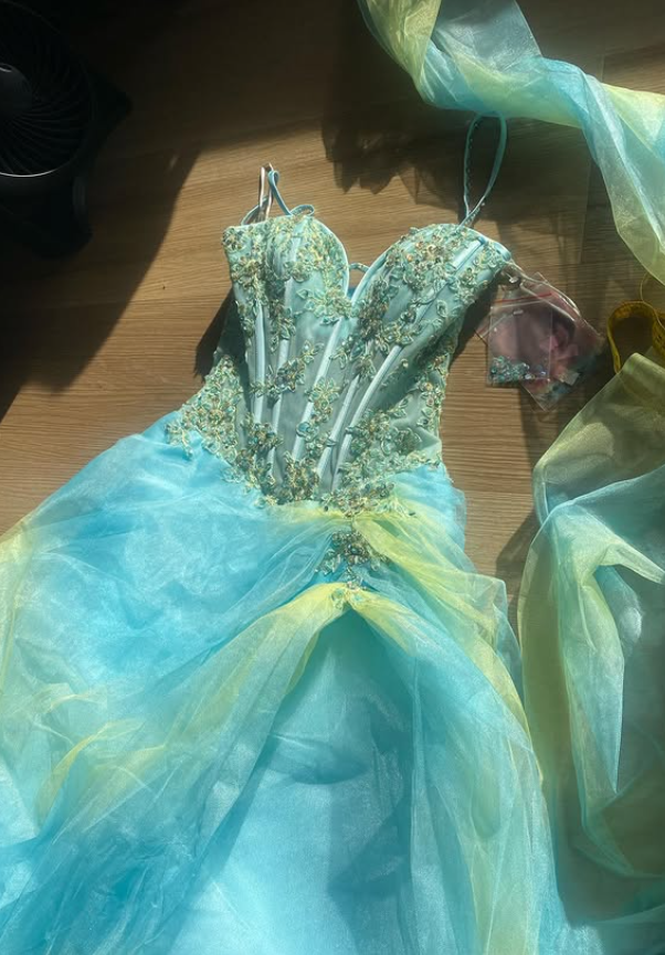 Vintage Summer Green Blue Ombre Appliques Tulle Prom Dress Evening Dress SH5903