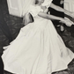 Vintage Ivory A Line Puff Sleeve Bow Satin Long Wedding Dress SH6096