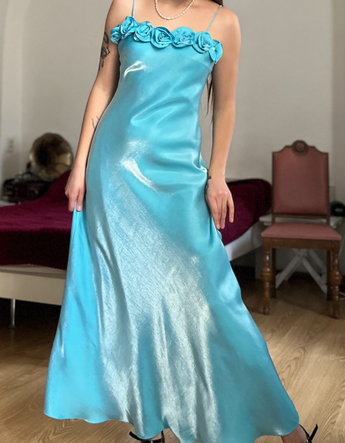 Dazzling Blue A Line Straps Floral Satin Prom Dress Evening Dress Date Dress SH5631