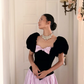 Retro Princess A Line Puff Sleeve Pink Satin Black Velvet Long Prom Dress Evening Dress SH6047