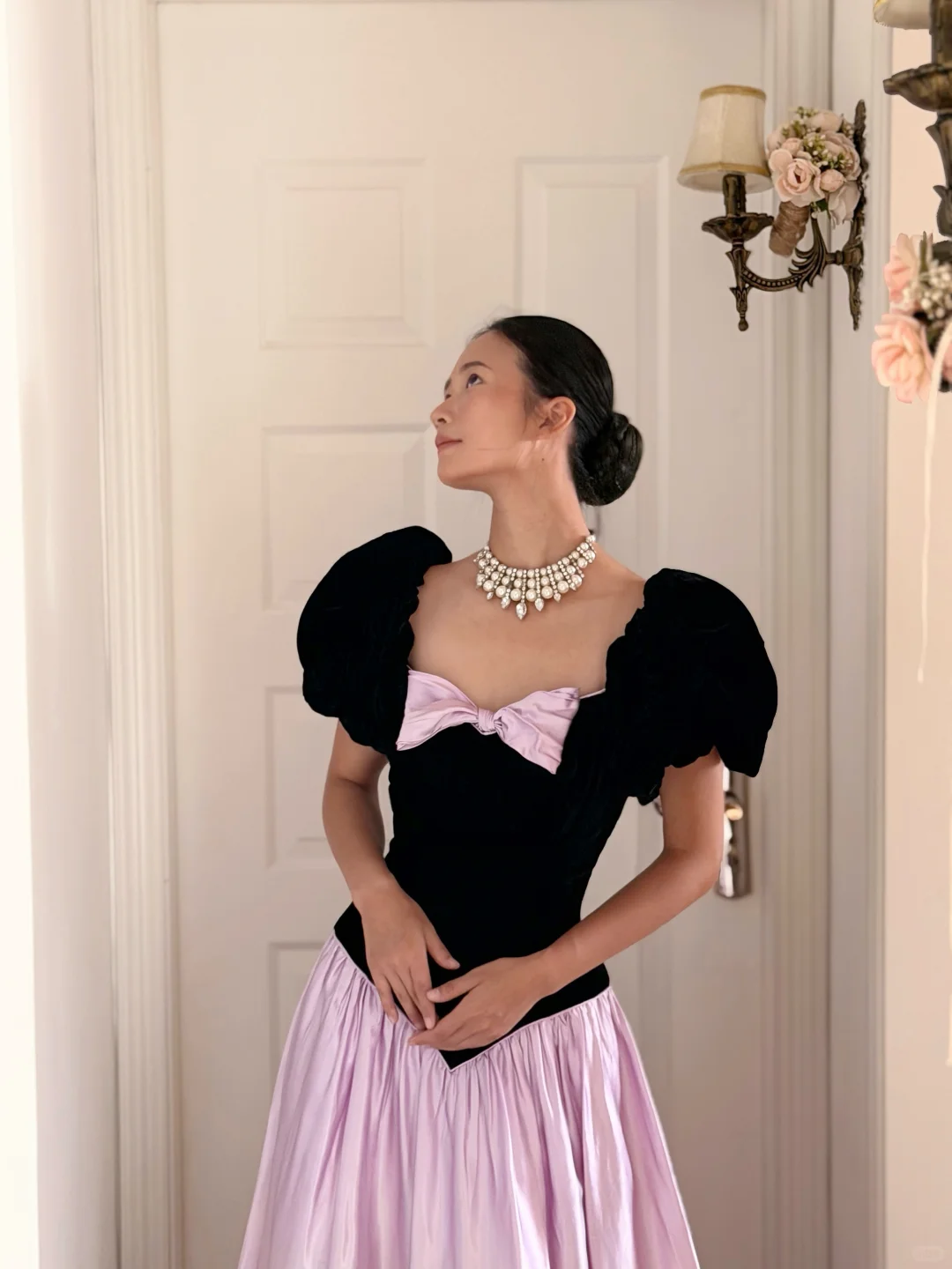 Retro Princess A Line Puff Sleeve Pink Satin Black Velvet Long Prom Dress Evening Dress SH6047