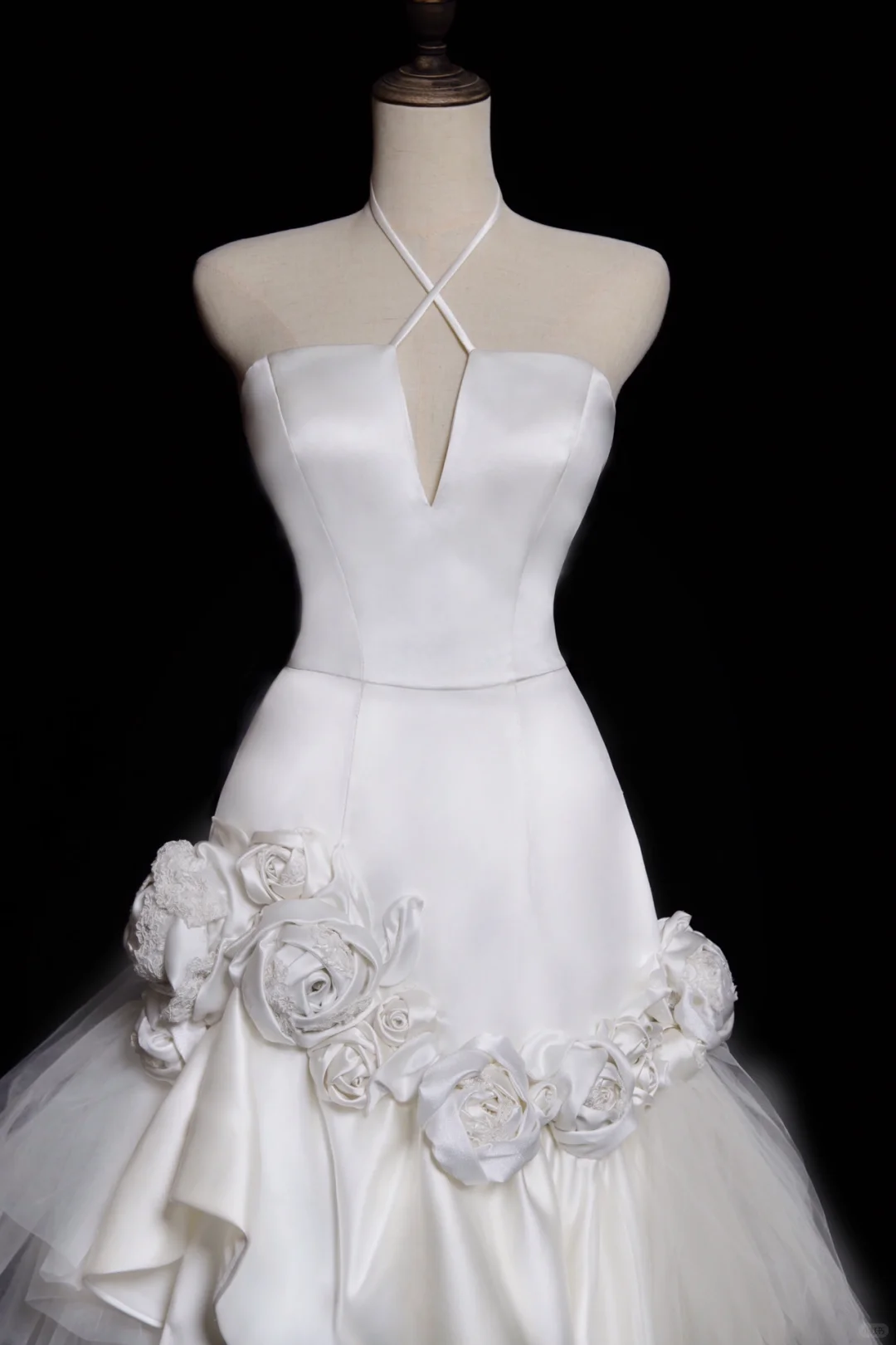 Gentle Mermaid Halter White Floral Satin Tulle Long Wedding Dress SH4530