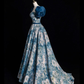 Blue Printed Long Prom Dress A Line Ball Gown Evening Dress SH1271