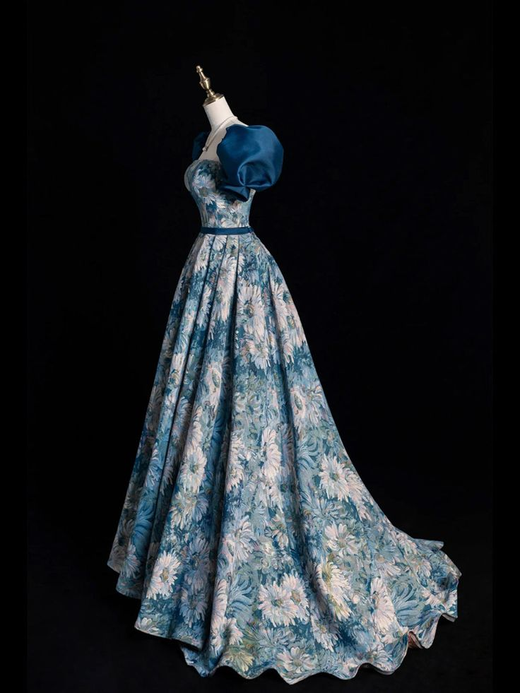 Blue Printed Long Prom Dress A Line Ball Gown Evening Dress SH1271