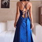 Blue A Line Spaghetti Straps Simple Satin Prom Dress Party Dress with Slit SH5056