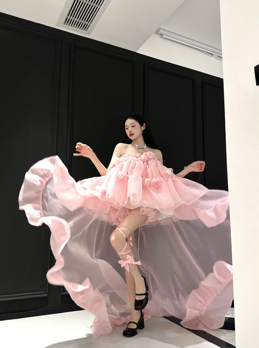 Cute A Line Strapless Floral Pink Organza Long Sweep Prom Dress Party Dress SH3399