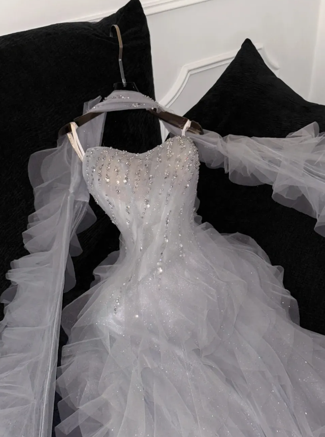 Romantic A Line Strapless Beaded Ruffle Grey Tulle Party Dress Evening Dress SH3371