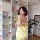 Simple Yellow Bow Mermaid Strapless Satin Open Back Prom Dress Wedding Guest Dress SH4557