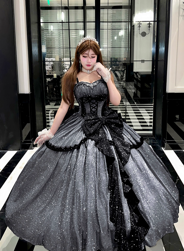 Stunning Black Bow A Line Sequin Lolita Goth Boning Dress Prom Dress SH4912