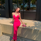 Hot Pink Butterfly Sheath Spaghetti Strap Satin Open Back Long Prom Dress Vacation Dress SH4315