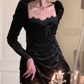 Black French Vintage Velvet Dress Women Elegant Evening Party Mini Dress SH1221