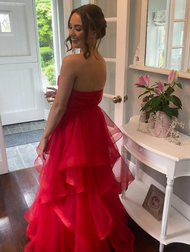 Charming Red A Line Sweetheart Neck Layered Organza Prom Dress Evening Dress SH6707