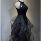 Shiny Halter Sequin Tulle Layered Long Prom Dress Black Evening Dress Wedding Dress SH1019