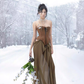 Unique Sheath Strapless Butterfly Brown Satin Chiffon Long Party Dress Evening Dress SH3128