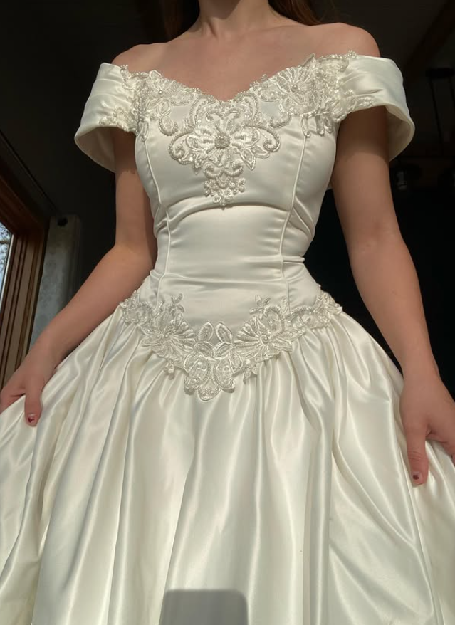 Beautiful A Line Off the Shoulder Ivory Beaded Satin Wedding Dress Prom Dress SH5932