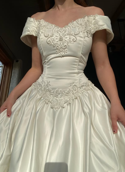 Beautiful A Line Off the Shoulder Ivory Beaded Satin Wedding Dress Prom Dress SH5932