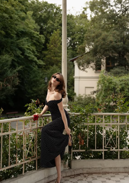 Classic A Line Off the Shoulder Polka Dot Satin Prom Dress Evening Dress SH5769