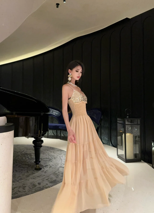 Apricot A Line Spaghetti Strap Sequin Chiffon Long Prom Dress Date Dress SH3695