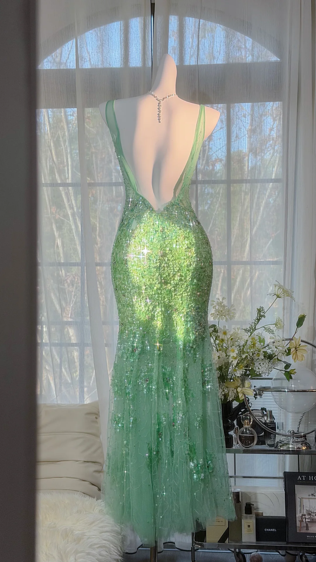 Green Fairy Mermaid V Neck Shiny Sequin Beaded Tulle Backless Graduation Prom Dress SH5342
