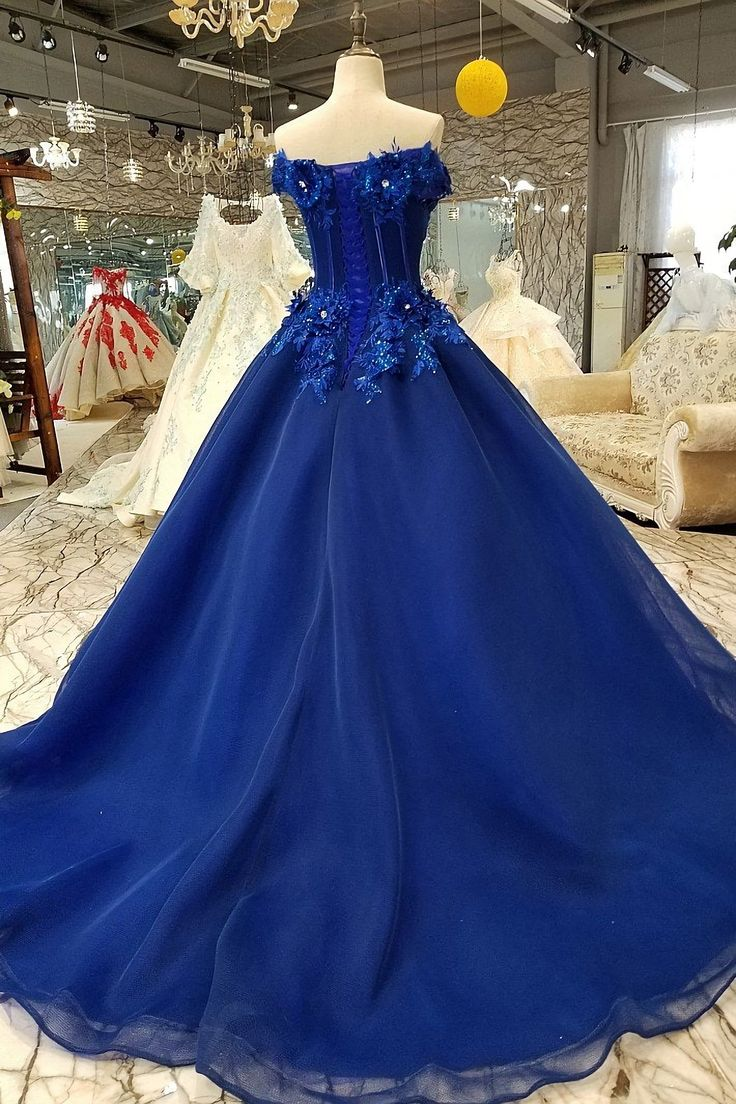 Royal Blue Off-The-Shoulder Evening Dresses, Appliques Formal Prom Dress SH846