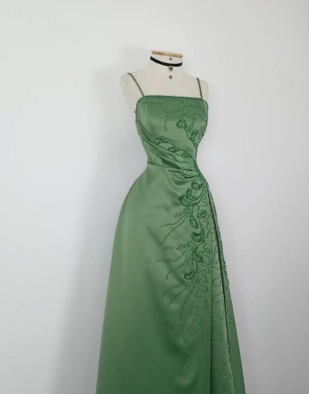 Retro A Line Spaghetti Strap Green Beaded Satin Long Evening Dress Party Dress SH3168