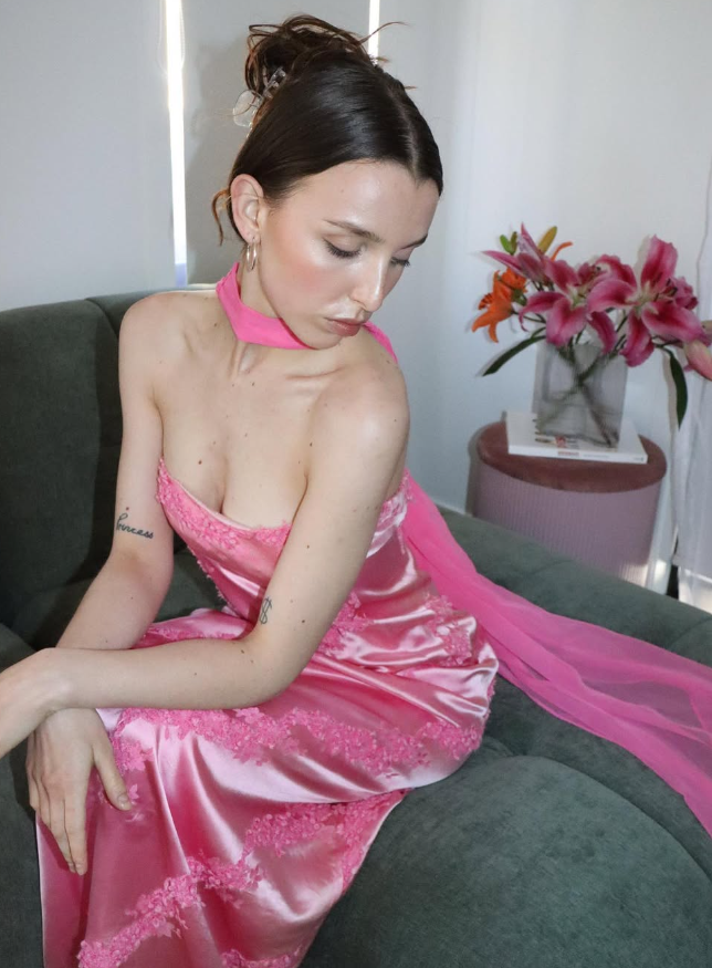 Hot Pink Sheath Strapless Lace Satin Long Prom Dress Evening Dress SH2392