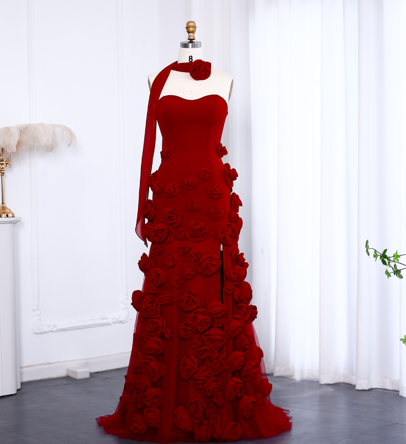 Stunning A Line Sweetheart Neck 3D Flower Burgundy Prom Dress Evening Dress SH2369