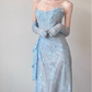 Blue Mermaid Strapless Pleated Blue Lace Long Party Dress Evening Dress SH3380