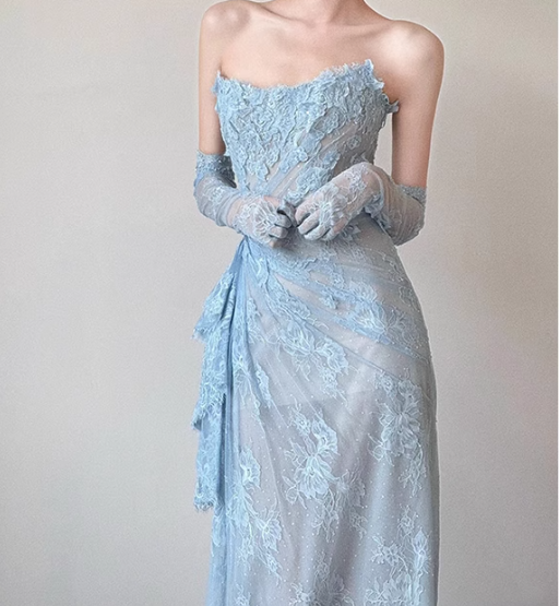 Blue Mermaid Strapless Pleated Blue Lace Long Party Dress Evening Dress SH3380