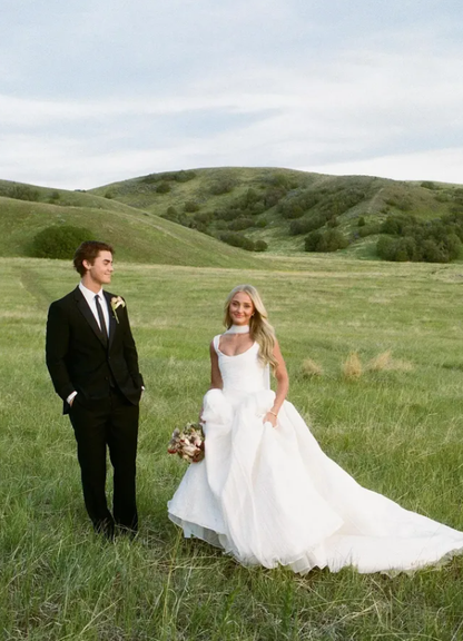 Classy Ball Gown Spaghetti Strap White Tulle Long Train Wedding Dress SH6989